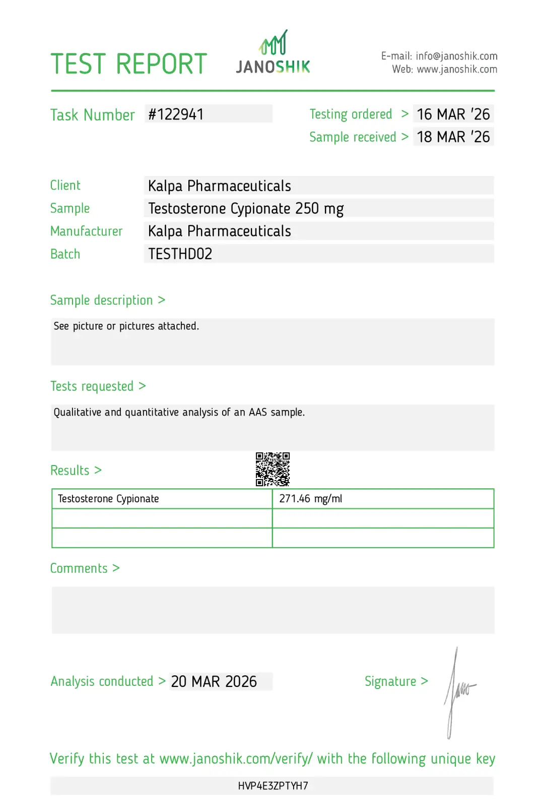 Testoxyl Cypionate 250 Lab Test Result: 271 mg/ml